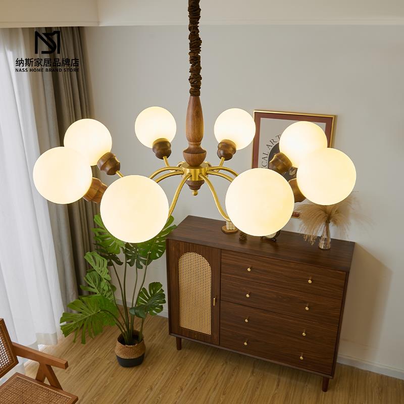 法式中古胡桃木客厅吊灯大厅主灯复古南洋风全铜卧室餐厅魔豆灯具