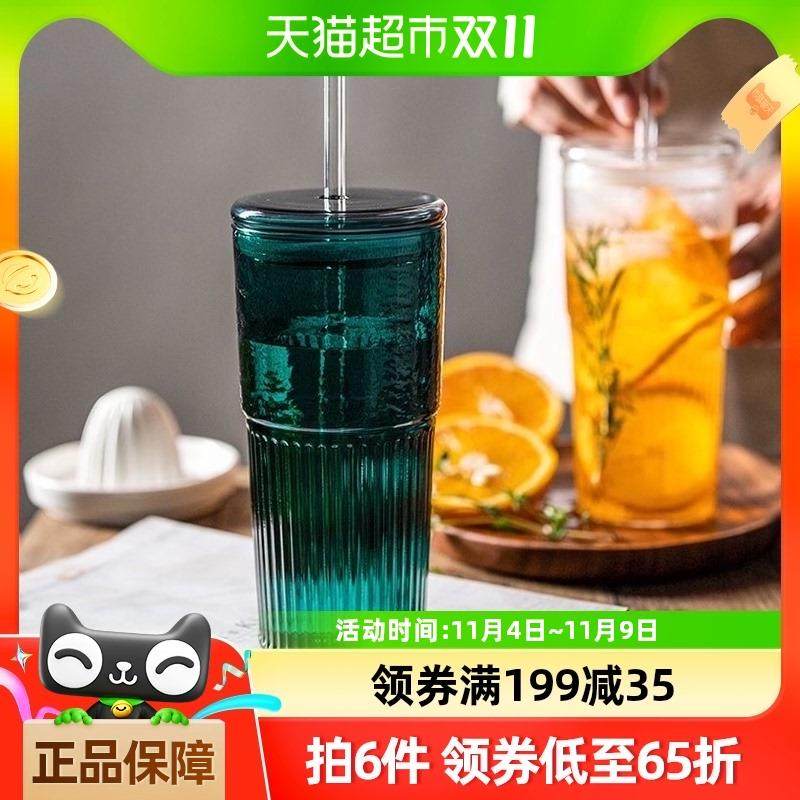 唯铭诺玻璃吸管水杯大容量家用高颜值茶杯650ml饮料杯办公室杯子