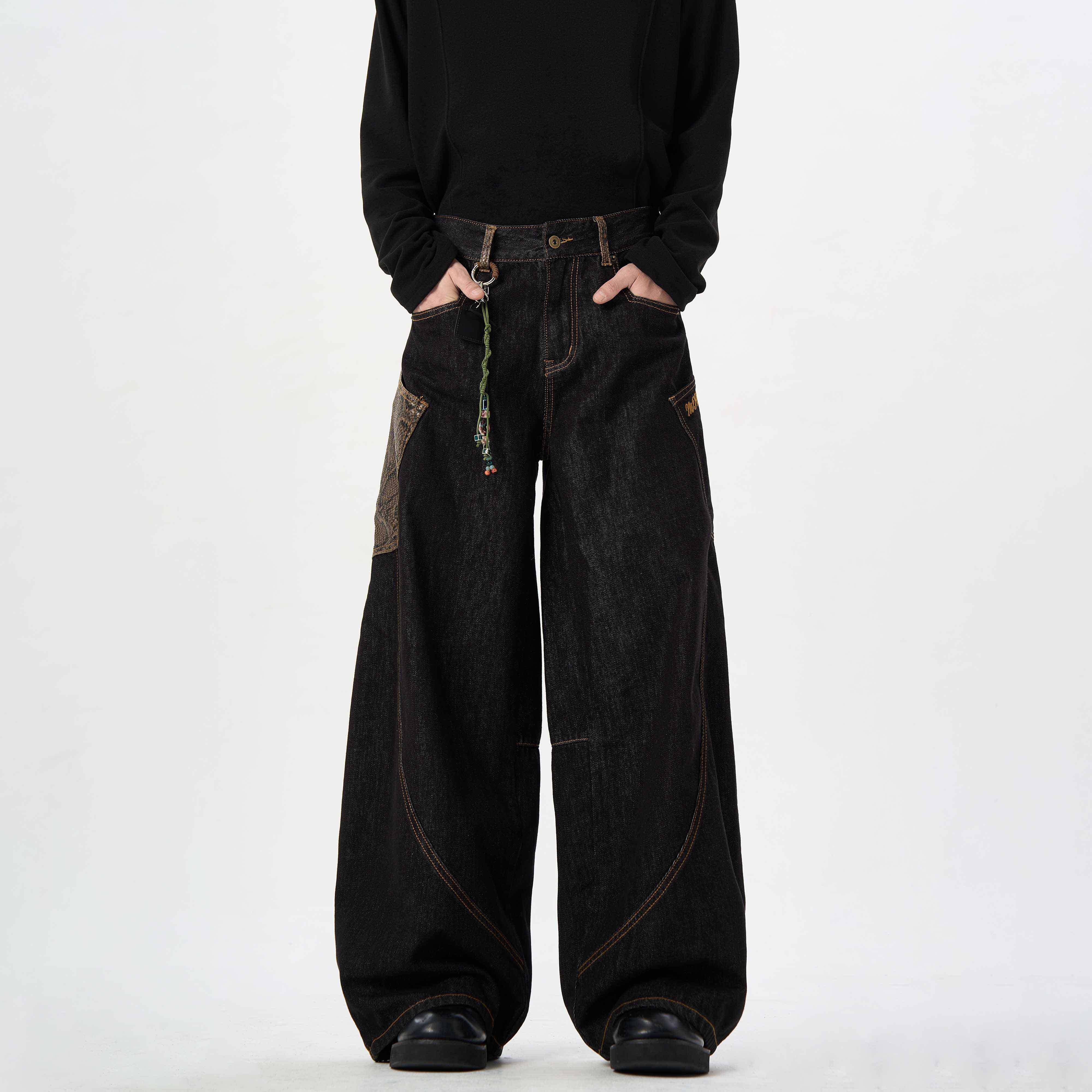 MAX M牛E蛇限定【原 蛇皮裤 ULI】弯刀蟒黑色仔裤年阔腿男女牛裤