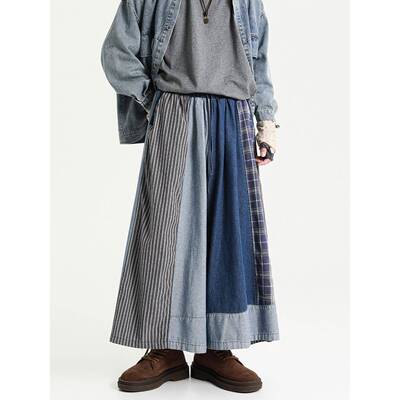 害怕生活鹿原宿风格超大覆古牛仔拼接套裤，男女休闲苦恼垂褶阔腿