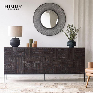 姹寂复古风柚木实木雕花玄关柜客厅收纳储物柜 隐居餐边柜 MUY