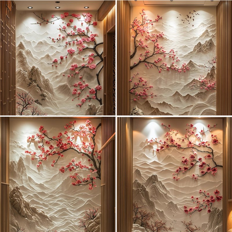 定制砂岩浮雕背景墙树脂玻璃钢仿铜雕塑荷花梅花山水壁Y画别墅装