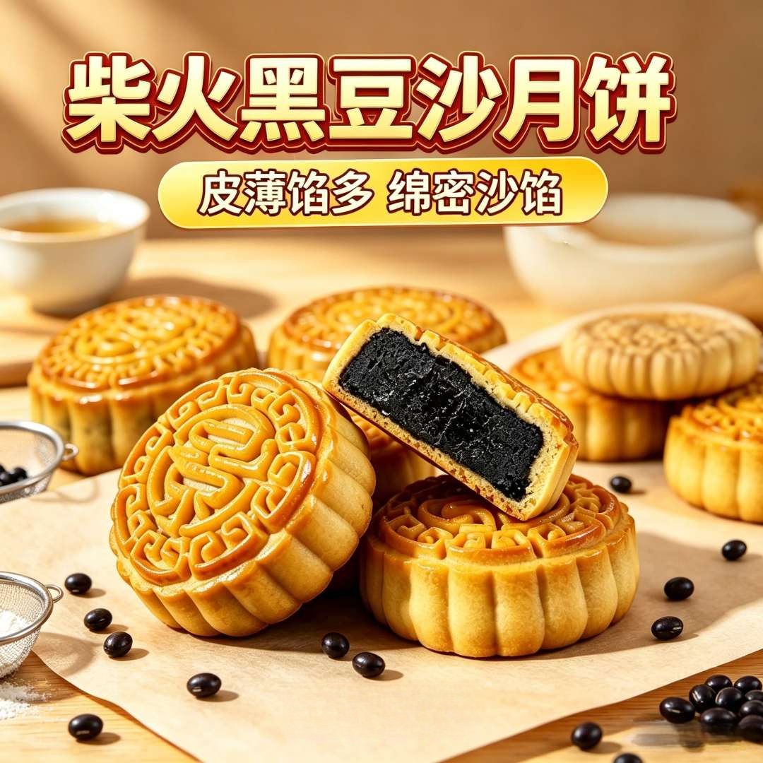 新鲜柴火黑豆沙月饼点心糕点豆香浓郁广式手工传统月饼袋装
