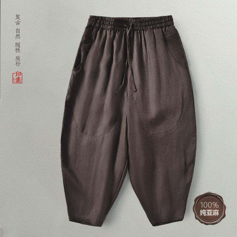 夏季设计师款100%纯亚麻哈伦裤男垮裤宽大罗卜裤九分裤麻料灯笼裤