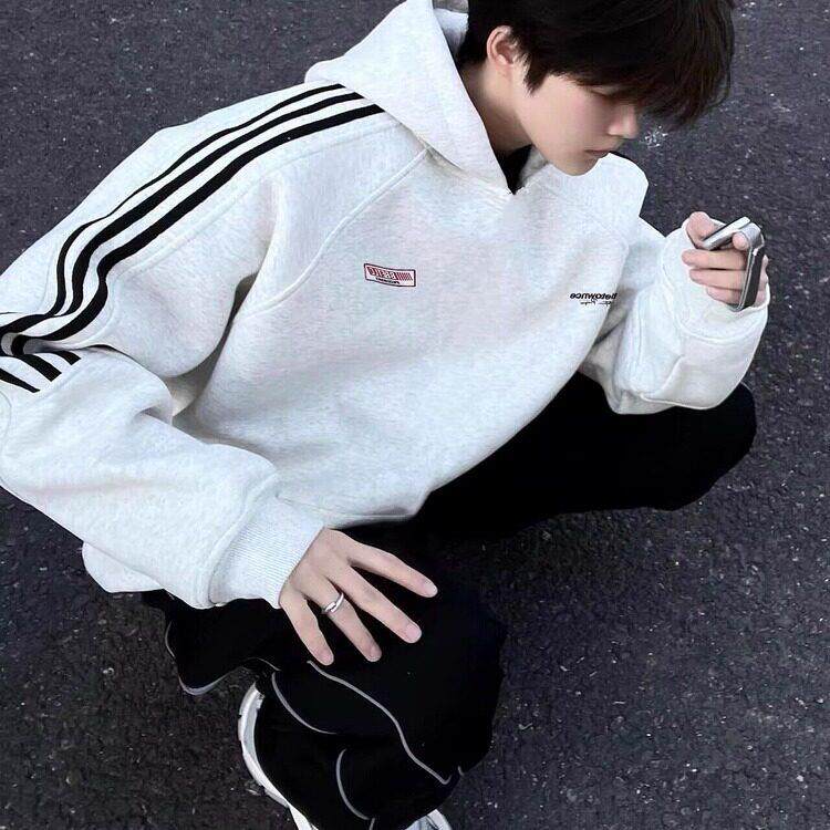 美式复古高街三条杠连帽卫衣男纯棉加绒潮牌宽松情侣装帽衫女