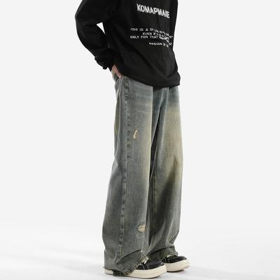 City Hipster美式长古牛覆仔裤男春季新潮款牌宽松直筒破z031洞拖