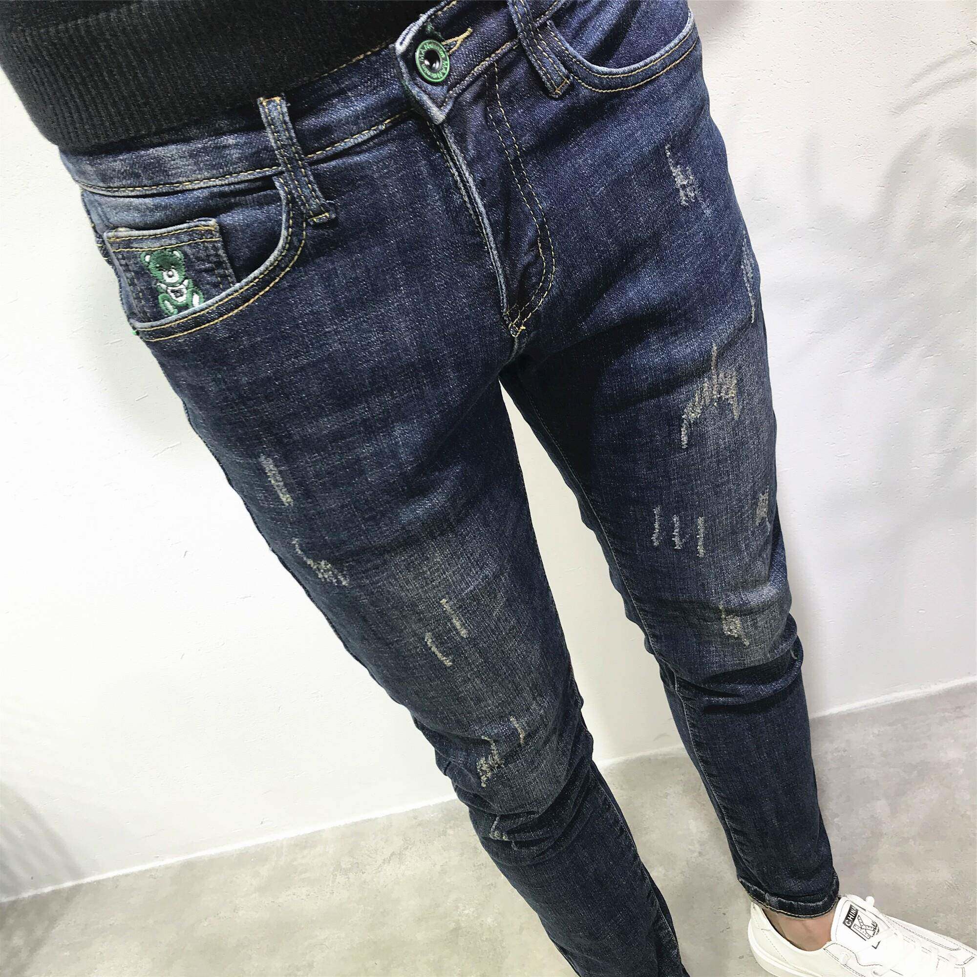 牛仔裤男修身小脚长裤韩版潮流个性抓痕深蓝百搭春季新款社会紧身
