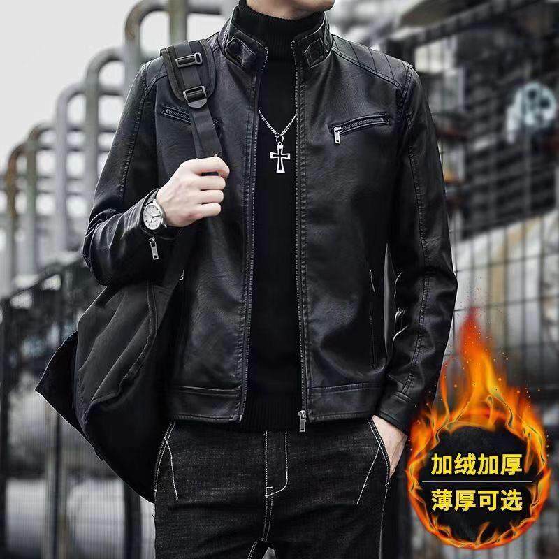 海宁男士皮衣新款外套潮流帅气机车秋冬季PU皮立领加绒皮夹克男装