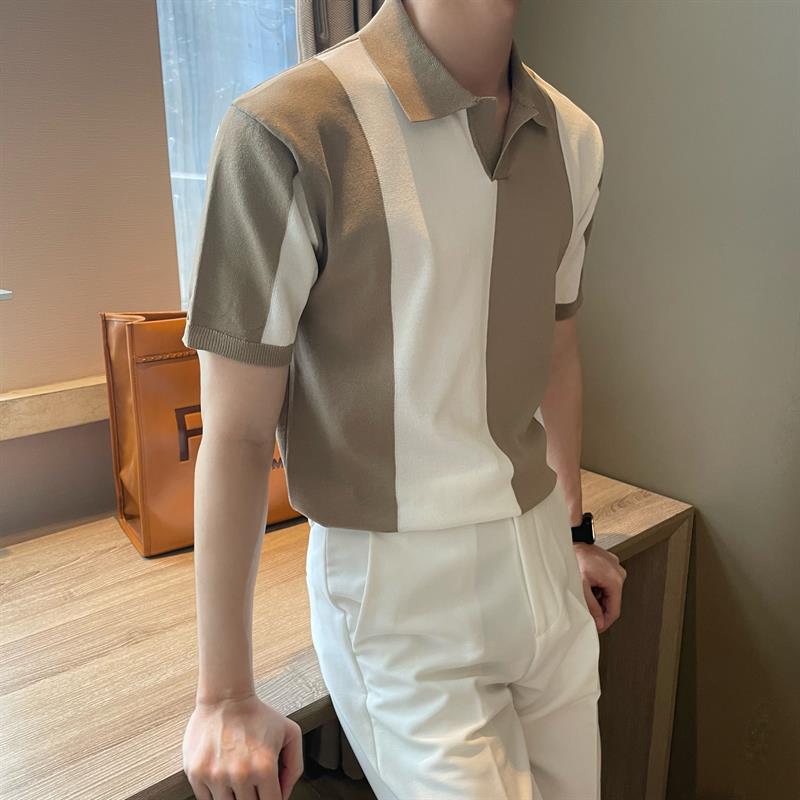 韩版夏季冰丝短袖渐层拼色男Polo衫休闲 条纹撞色翻领潮流透气针