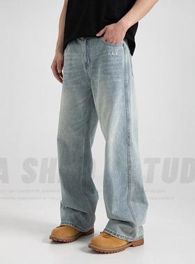 美式覆古cean地fi宽松l拖裤浅色直筒At字牛仔裤潮牌痞F2566帅炸街