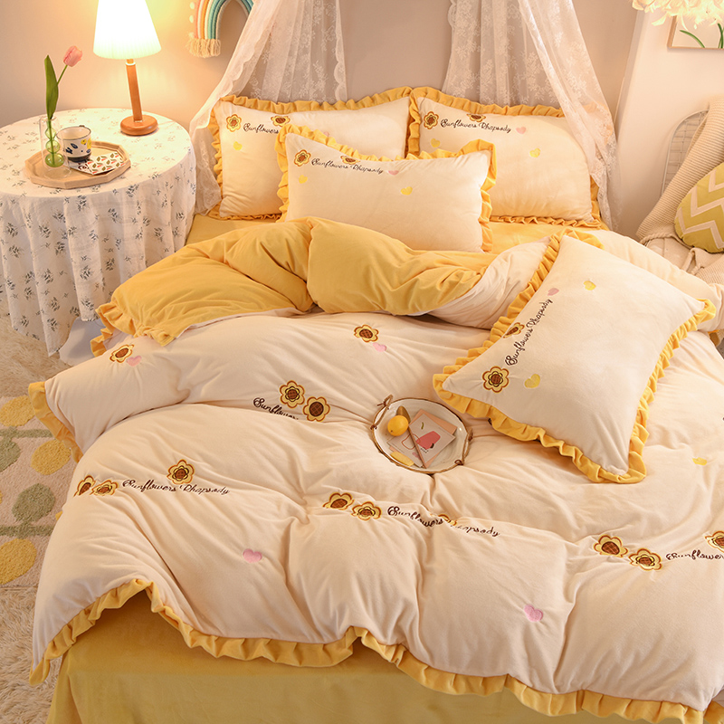 极速冬季保暖四件k套牛奶绒加厚法兰绒双面加绒床单式彩虹款珊瑚