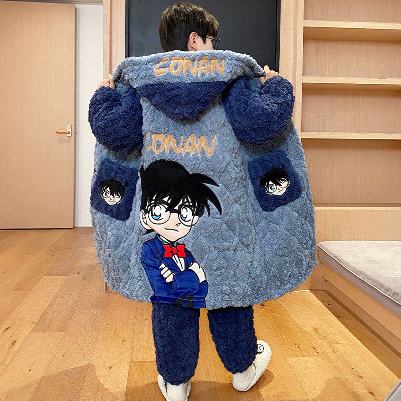 新品儿童三层夹棉睡衣冬s季加绒加厚款男童冬天珊瑚绒睡袍家居服