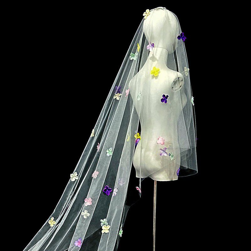 新品彩色花瓣多巴j胺仙女头纱新娘结婚头纱超仙森系户外婚礼拍摄