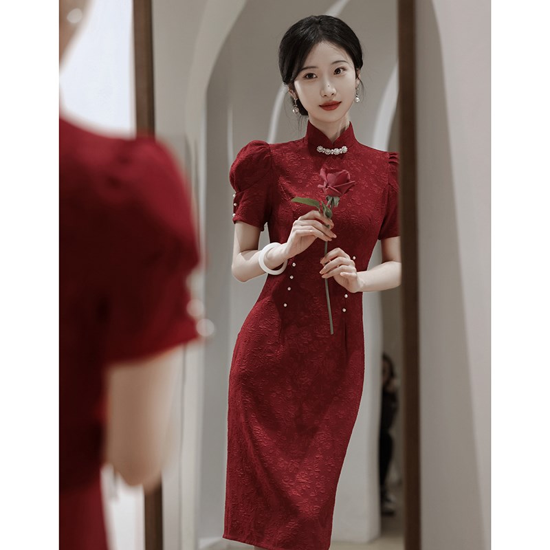 旗袍敬酒服新娘改良年轻r款酒红色秋冬小个子新中式订婚结婚礼服