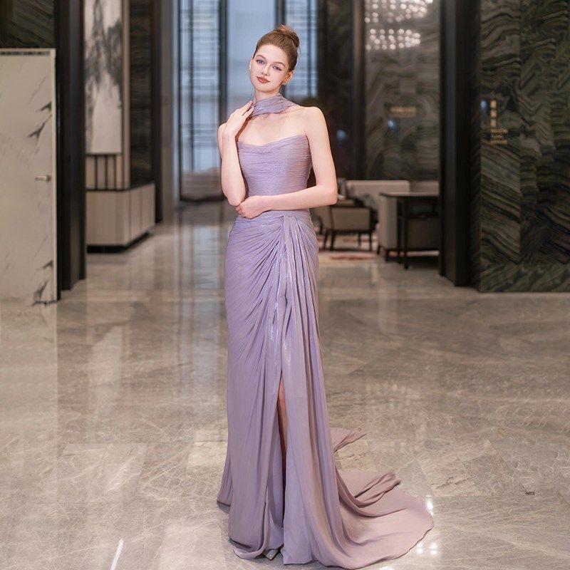 极速紫色抹胸订婚礼服轻奢新娘晨袍敬酒服宴N会主持人生日鱼尾连