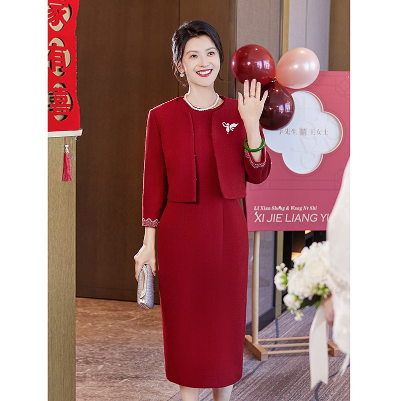 书雅~~红色妈妈婚宴礼服丈母娘z气质高贵婚礼喜婆婆婚宴装冬季套