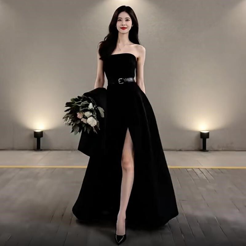 新品黑色晚礼服2025q新款宴会名媛生日端庄大气法式抹胸收腰高开