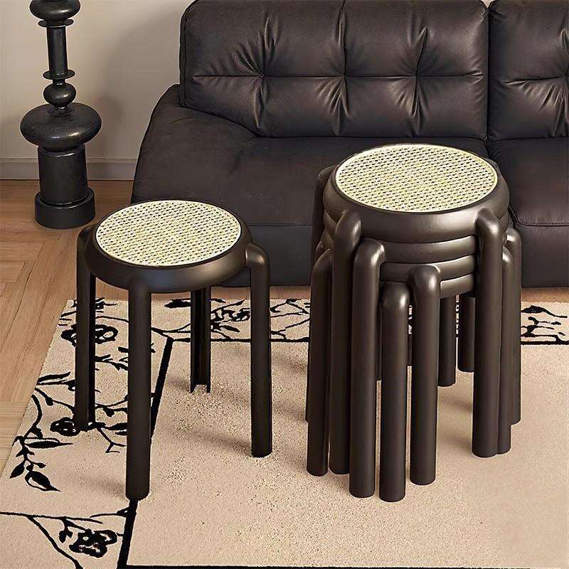 中古藤编凳子家用可叠放塑料高板凳结实耐用圆凳现代简约餐桌凳子