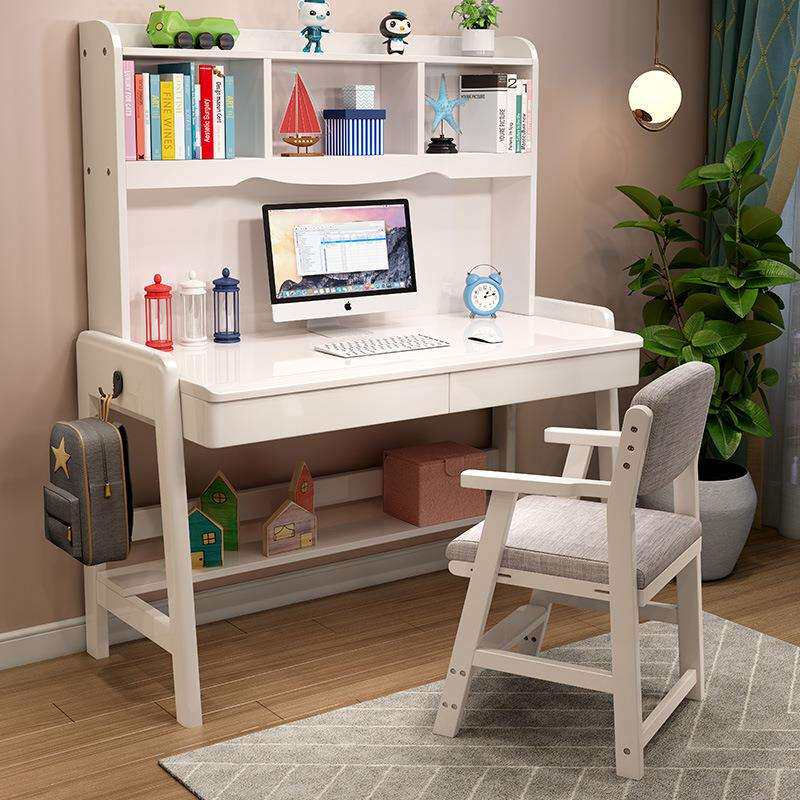 白色桌子卧室办公台式电脑桌实木书桌中学生带书架学习桌一体组合