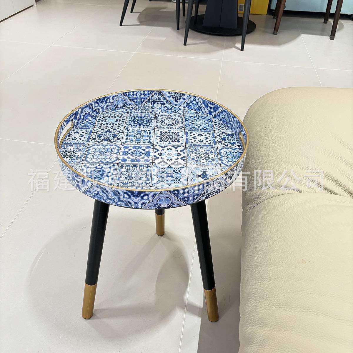 客厅边几小茶桌装饰托盘带把手可拆卸木腿蓝色与青花瓷图案贴花纸