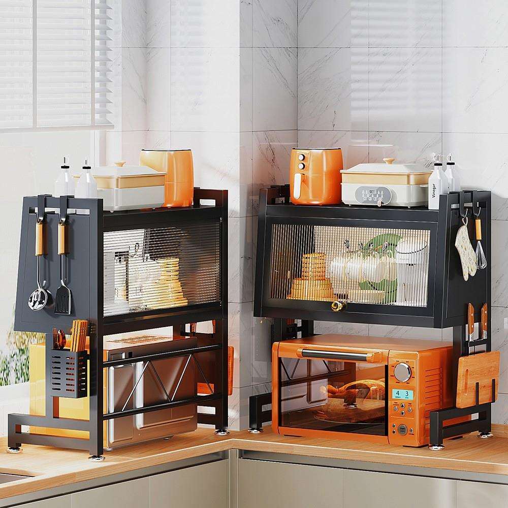 柜门翻盖式微波炉置物架多功能厨房台面双层碗碟滤水架烤箱收纳架
