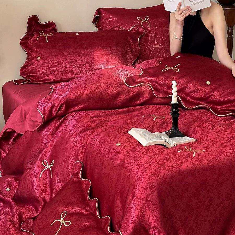 100支长绒棉四件套提花蝴蝶结红色结婚床上用品被套床单高档轻奢