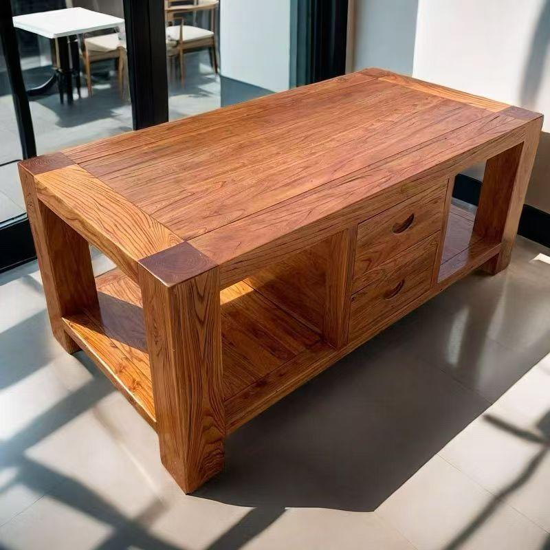 实木茶几原木新中式带抽屉榆木喝茶家具客厅沙发边几茶桌矮木桌