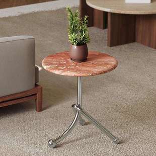 中古风天然红洞石边几客厅沙发小圆桌阳台花架小茶几大理石茶几