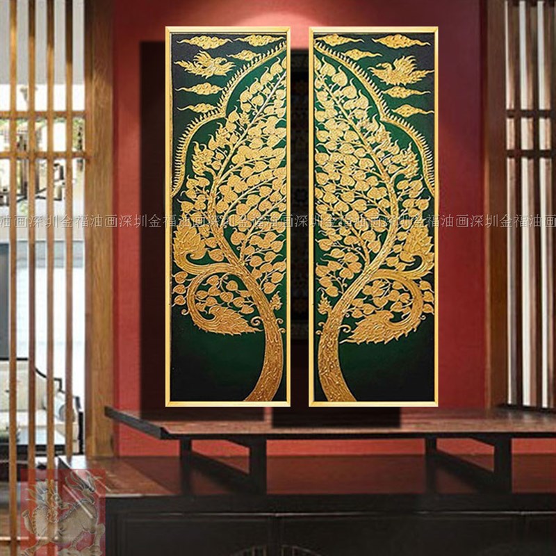 手绘高端东南亚风格装饰画家居泰式酒H店玄关深绿色底菩提树挂画图片