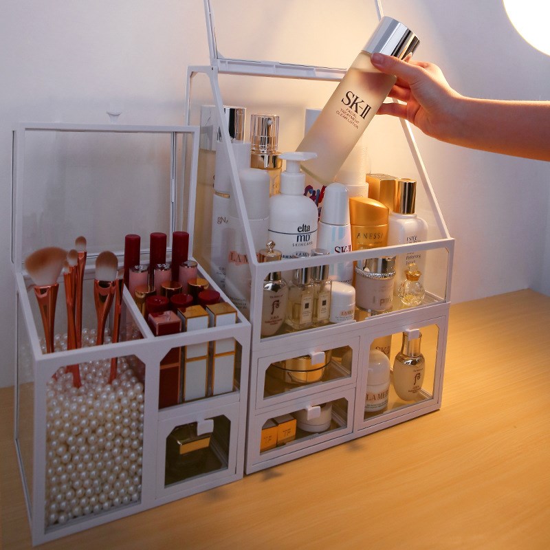 玻璃化妆品收纳盒桌面非亚克力口红唇釉刷桶整理S护肤梳妆台置物