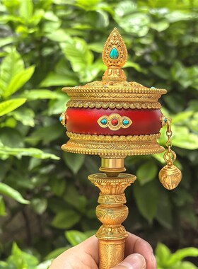 天珠纯铜镀金加皮手摇转筒真金电镀紫檀实木红皮转桶顺Z滑手持转