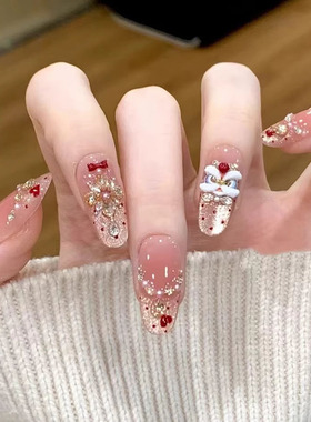 TYL闪钻醒狮新年爆闪香槟猫眼蝴蝶结手工穿戴甲手绘爱心可爱美甲