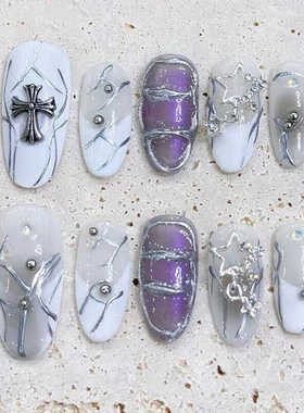 DK纯手工穿戴甲实拍法式仙女紫陨石透色美甲可拆卸甲片美甲穿戴甲