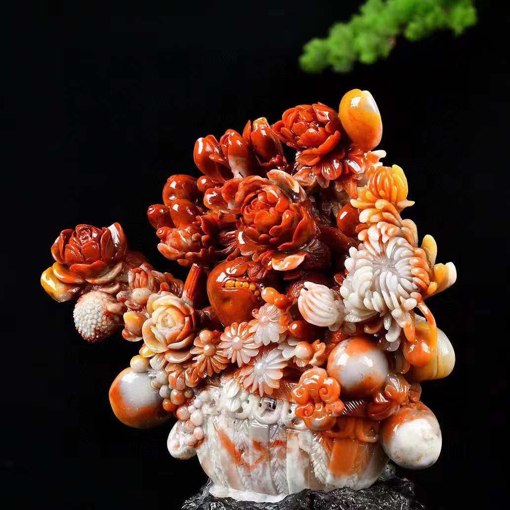 福州天然寿山石摆件雕刻鸡血田A黄高山奇石头客厅室内办公装饰摆