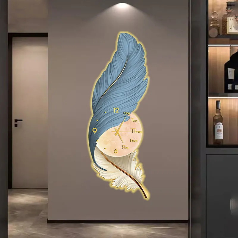 极速现代轻e奢客厅沙发背景墙装饰画羽毛带钟表卧室牀头挂画装饰