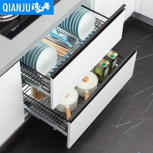 极速拉篮厨房橱柜304不锈钢y双层抽屉式碗架厨柜拉篮碟篮柜内调味