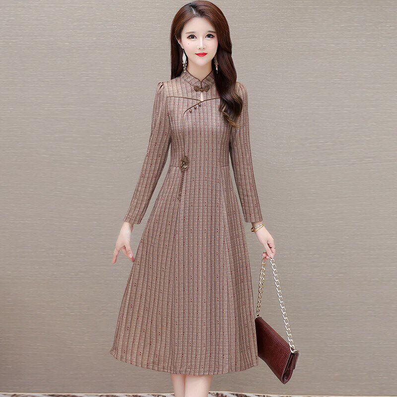 新品高端长袖改良旗袍连衣裙女2025秋季新M款气质国风妈妈修身显