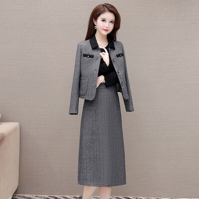 新品两件套长袖连衣裙女2t025秋季新款高端贵夫人妈妈显瘦洋气套