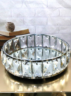 欧式简约镜面金属茶几托盘水晶玻璃装饰盘首饰盘R银色圆形客厅摆