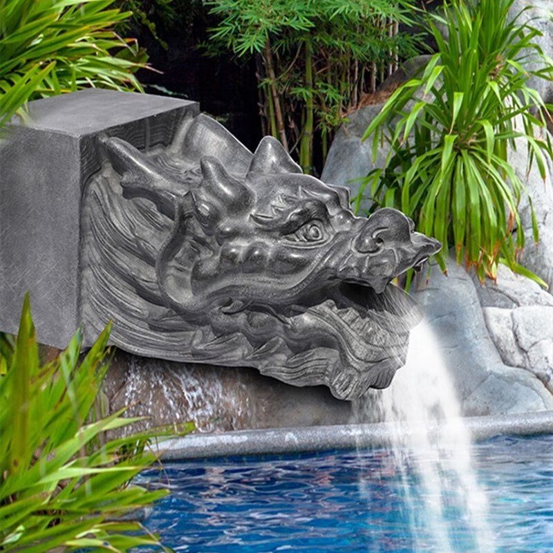 石雕龙头吐水喷水客厅流水摆件石头青石庭院墙壁R园林景观水池壁