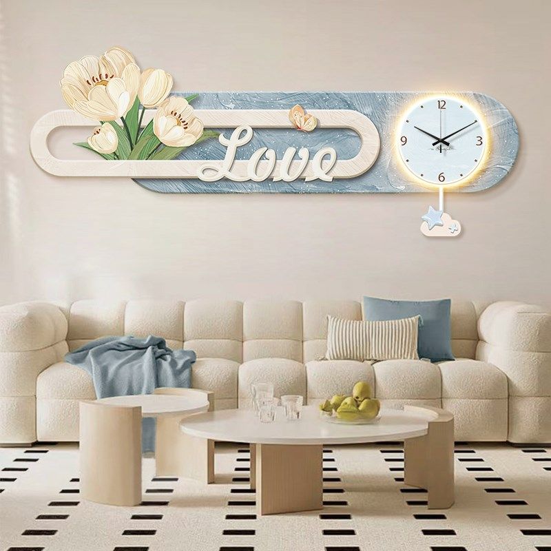郁金香奶油风沙发背景墙装饰画钟表客厅高K档大气挂画创意时钟壁