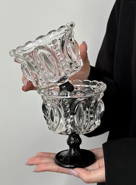 T4kzi德国冰淇淋高脚杯小众轻奢复古黑色水晶高T颜值浮雕甜品杯子