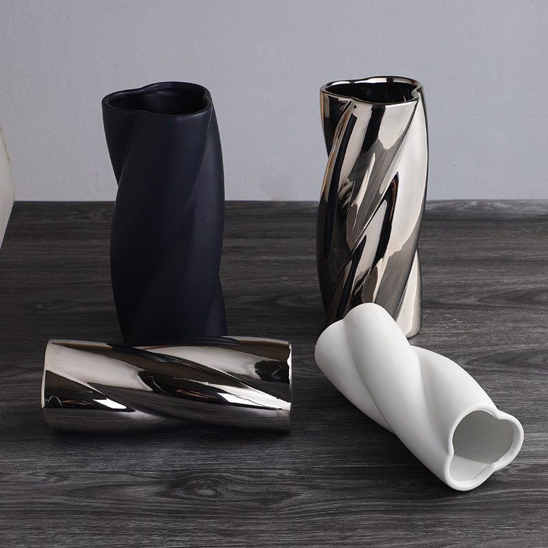 简约现代扭扭不规则陶瓷黑白花瓶轻奢桌面家居艺W术银色花插花,鲜花速递/花卉仿真/绿植园艺,花瓶,淘宝优惠券,粉丝福利购,淘宝优惠卷