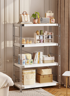 白色日式置物架落地客厅阳u台多层中古收纳架厨房微波炉烤箱储物