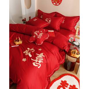 新中式 婚庆红色四件套全棉100支欢喜刺绣结婚房被套床单纯棉床品