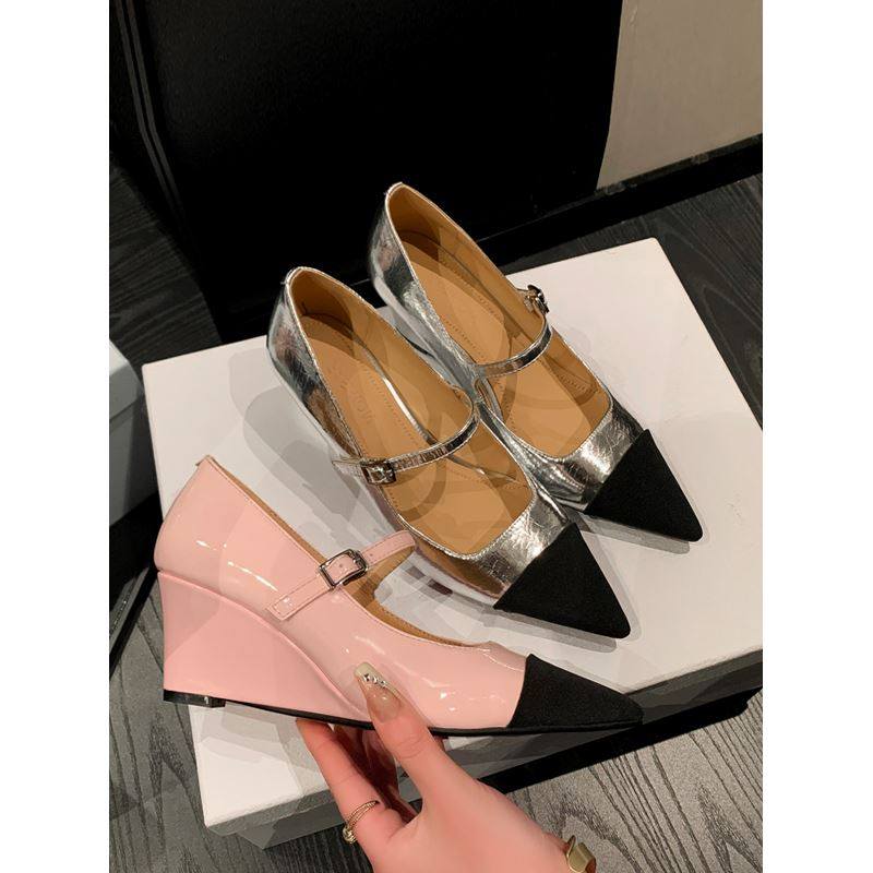 le' queen2023春季新款女鞋真皮色拼接小香坡跟玛丽珍鞋尖头