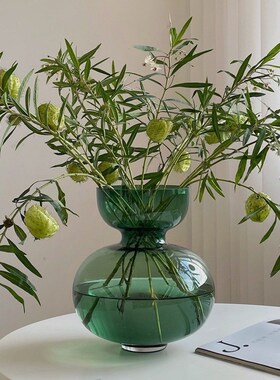 MOMO 绿色玻璃葫芦q花瓶北欧风格创意简约设计款花瓶摆件客厅样板