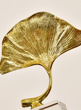 美式现代摆件样板房装饰黄铜水晶底银F杏叶摆件书房客厅家居装饰