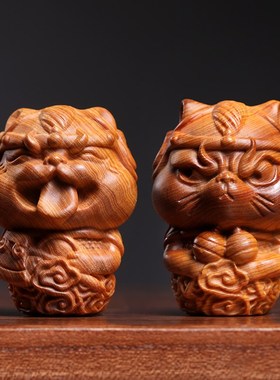 天然崖柏木萌版天神哼哈二将创z意桌面可爱摆件文玩手把件送礼物