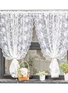 白色蕾丝刺绣门帘卧室窗帘纱帘隔断免打孔半帘法U式复古田园短帘